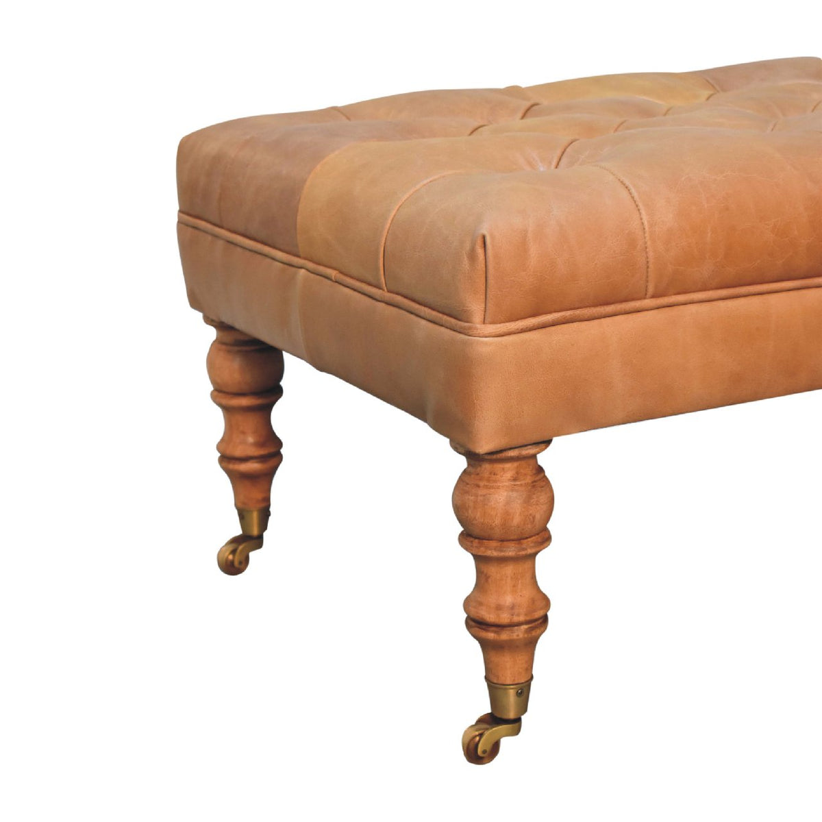Pouf capitonné cuir de buffle en manguier massif – Noisette clair – vue 7