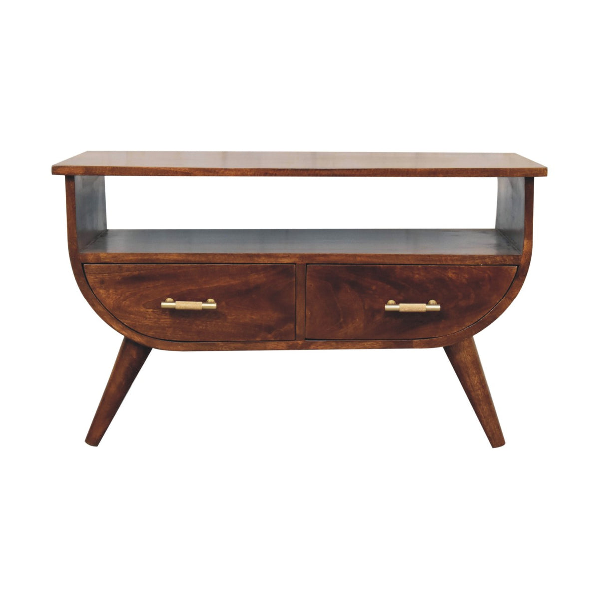 Table basse en manguier massif teinte châtaigne, étagère inférieure, pieds nordiques et touches dorées