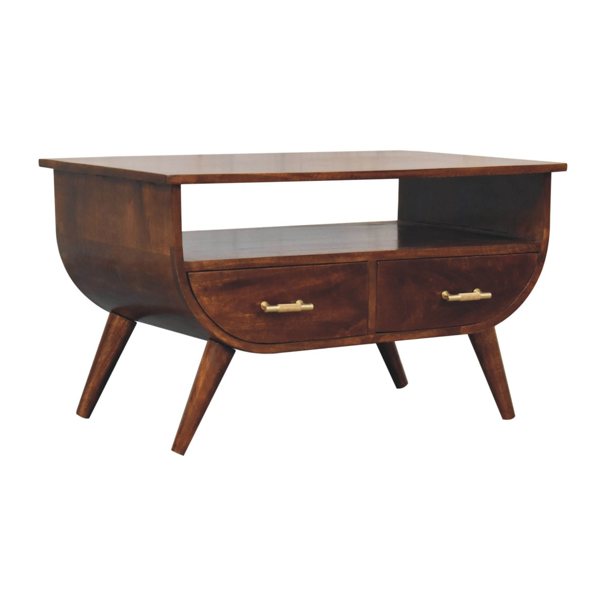 Table basse à étagère et touches dorées en manguier massif – Châtaigne – vue 3