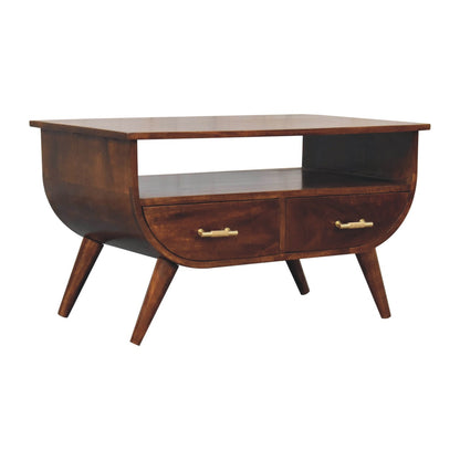 Table basse à étagère et touches dorées en manguier massif – Châtaigne – vue 3