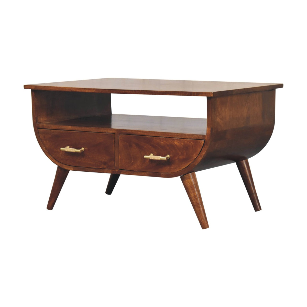 Table basse à étagère et touches dorées en manguier massif – Châtaigne – vue 4