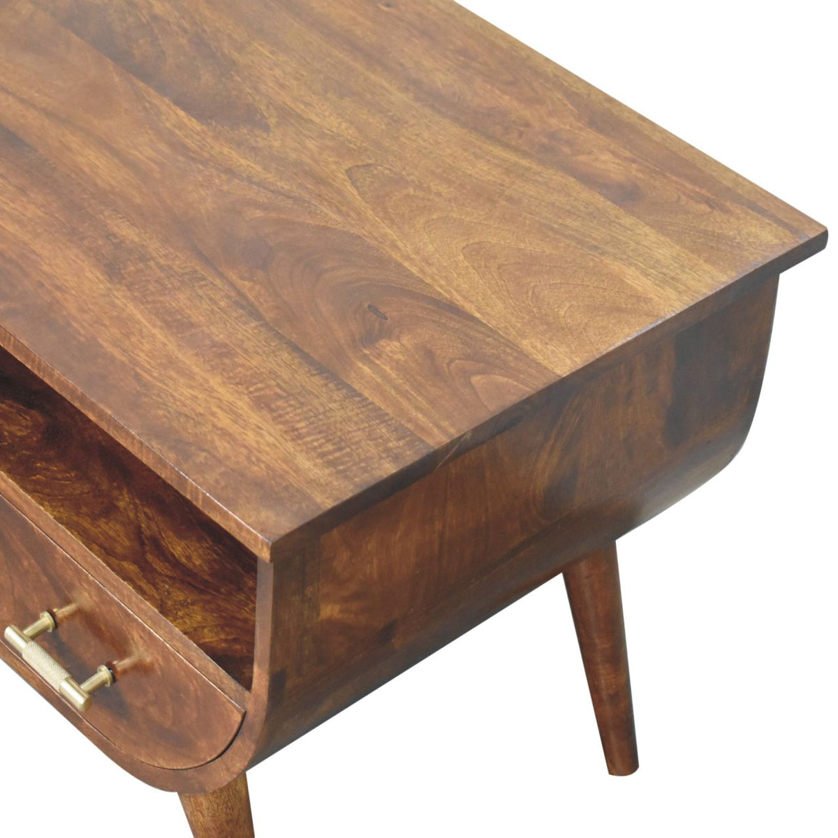 Table basse à étagère et touches dorées en manguier massif – Châtaigne – vue 5