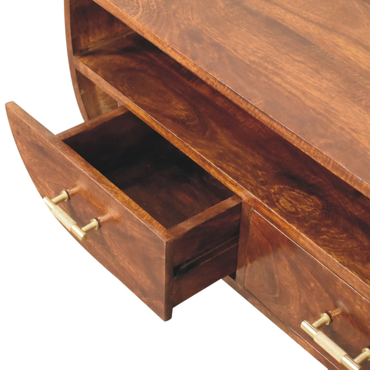 Table basse à étagère et touches dorées en manguier massif – Châtaigne – vue 6
