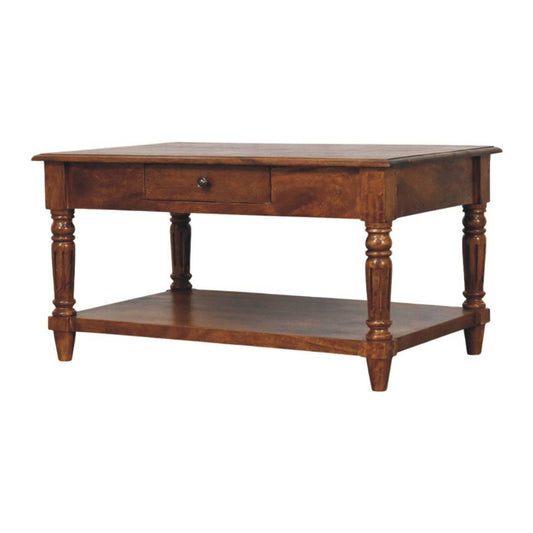 Table basse à pieds tournés et tiroirs en manguier massif – Châtaigne – vue 2