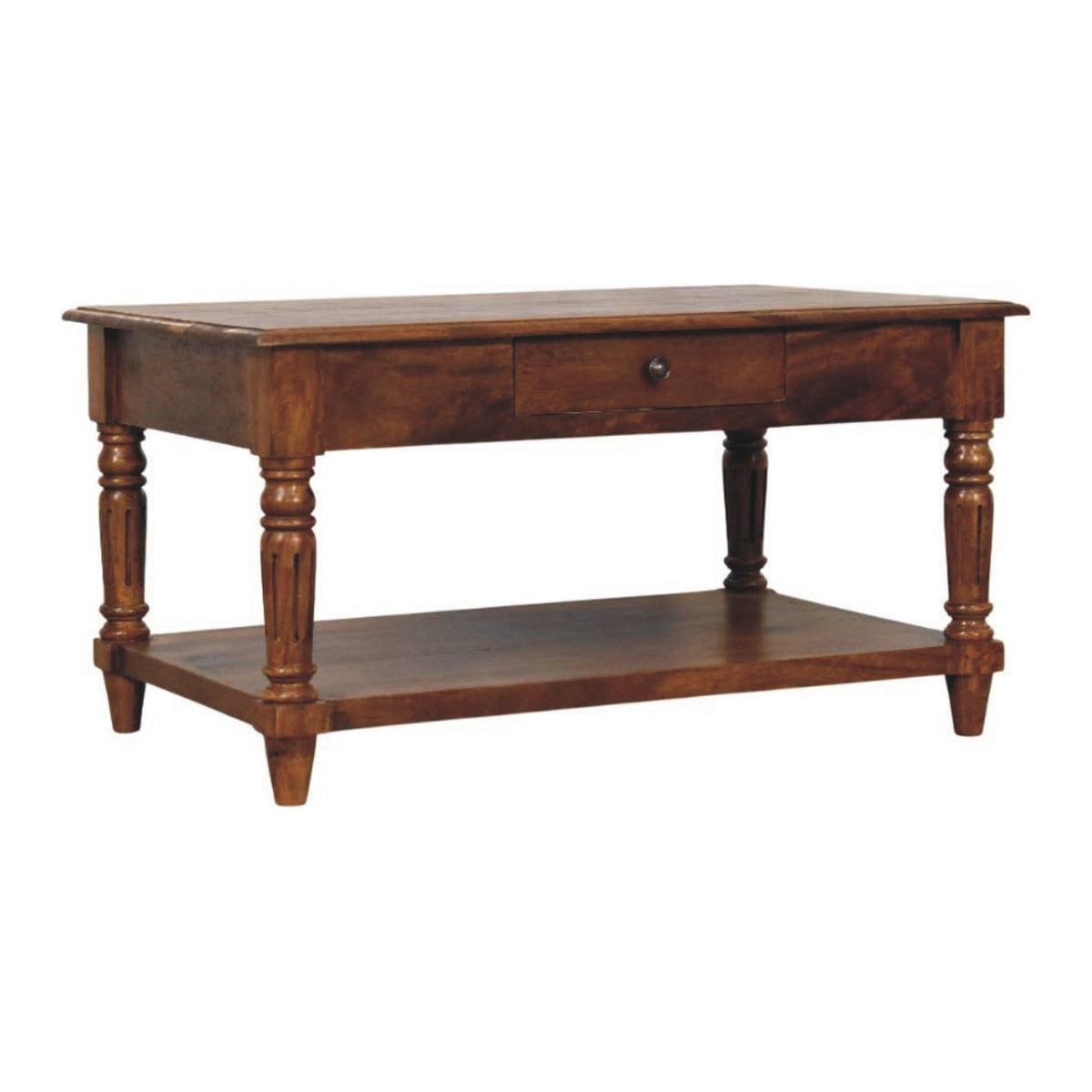 Table basse à pieds tournés et tiroirs en manguier massif – Châtaigne – vue 3