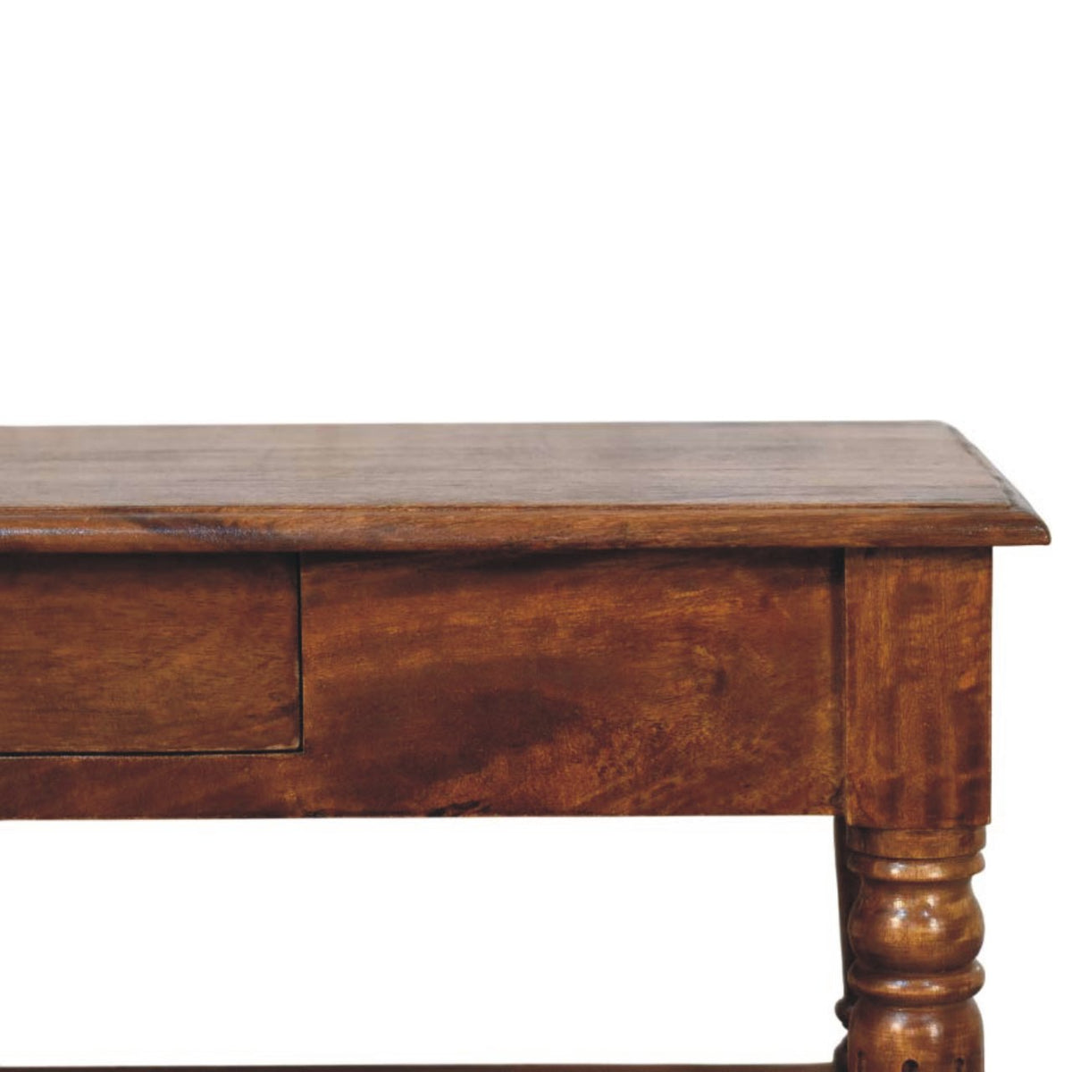 Table basse à pieds tournés et tiroirs en manguier massif – Châtaigne – vue 4