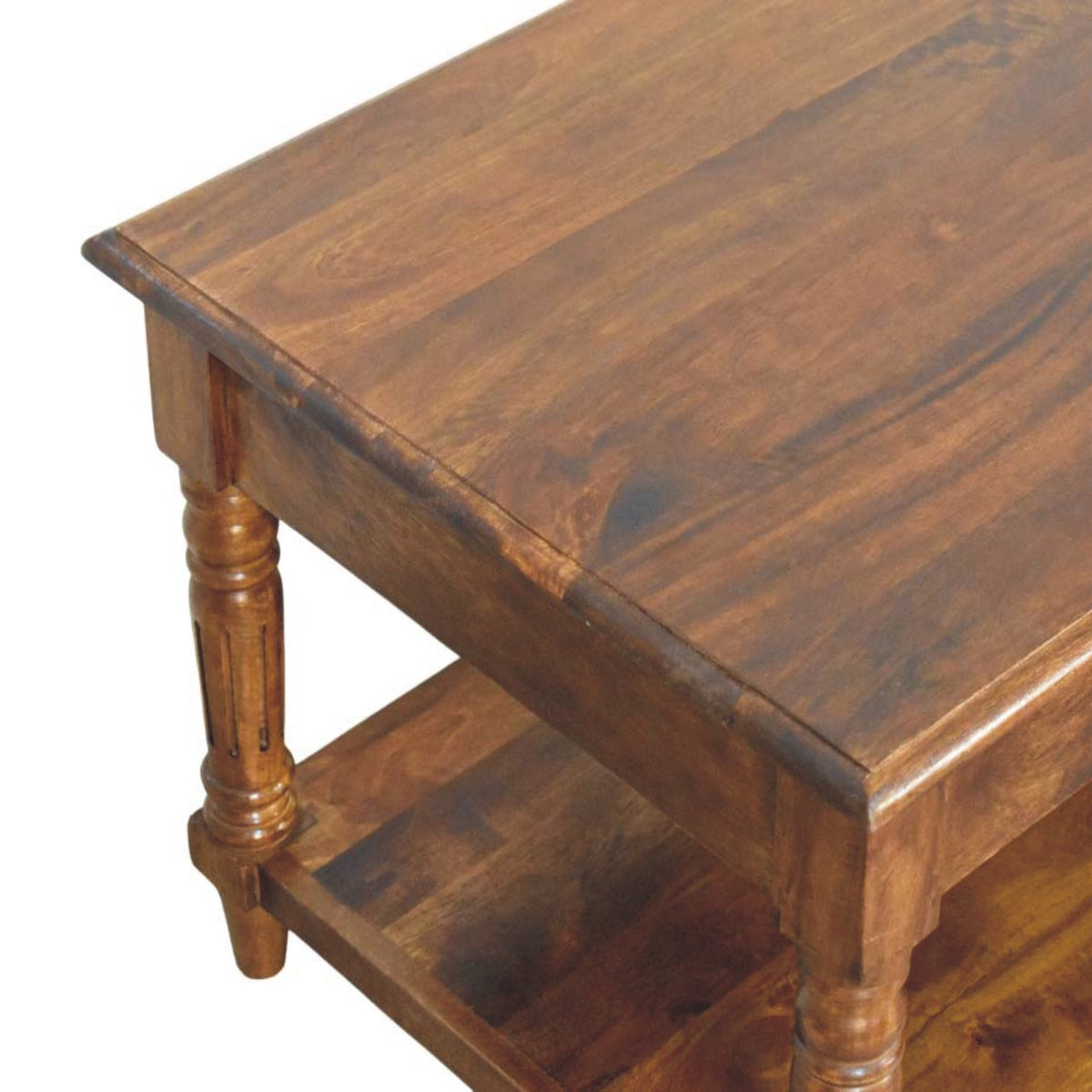 Table basse à pieds tournés et tiroirs en manguier massif – Châtaigne – vue 5