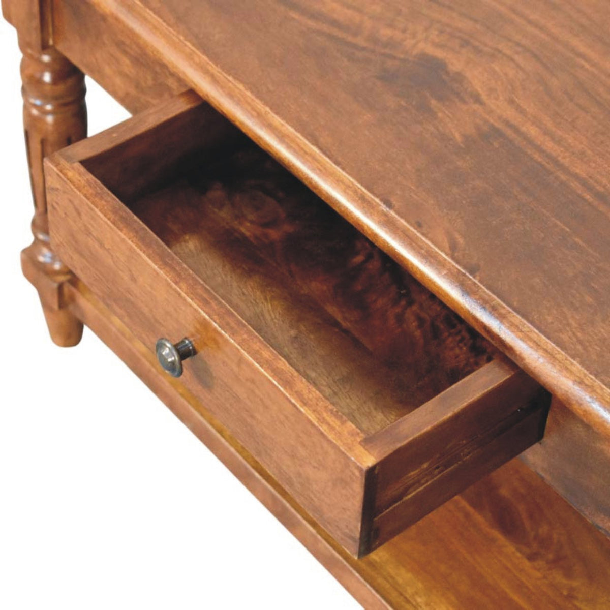 Table basse à pieds tournés et tiroirs en manguier massif – Châtaigne – vue 6