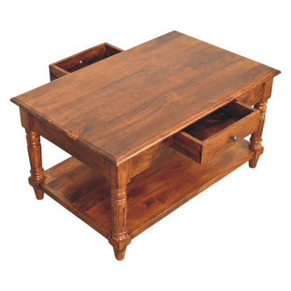 Table basse à pieds tournés et tiroirs en manguier massif – Châtaigne – vue 7