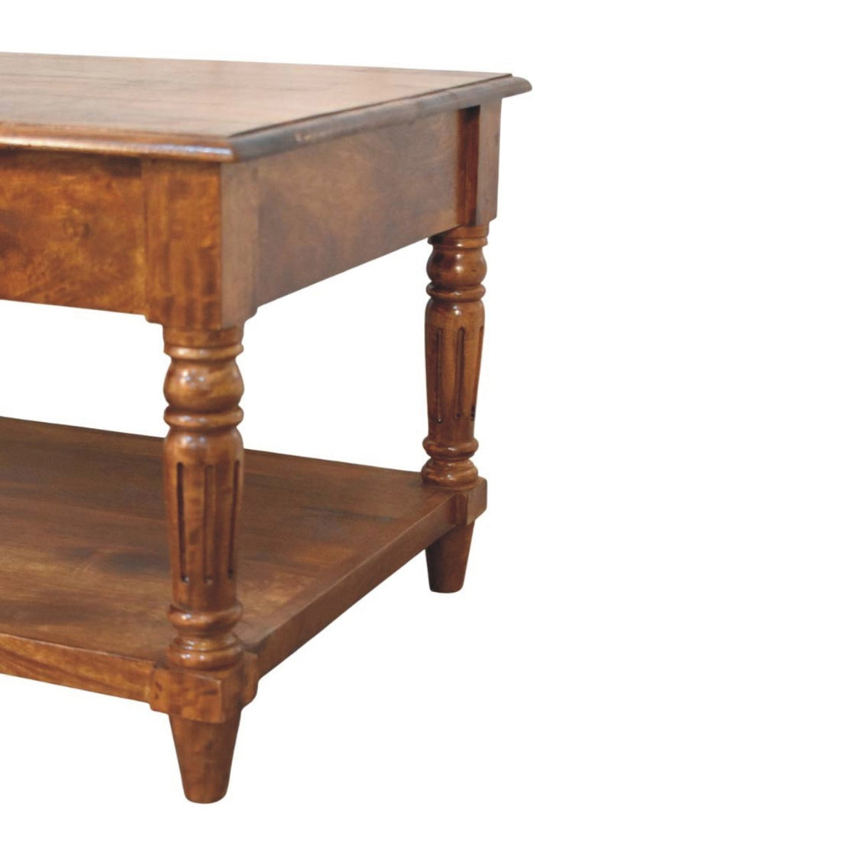 Table basse à pieds tournés et tiroirs en manguier massif – Châtaigne – vue 8
