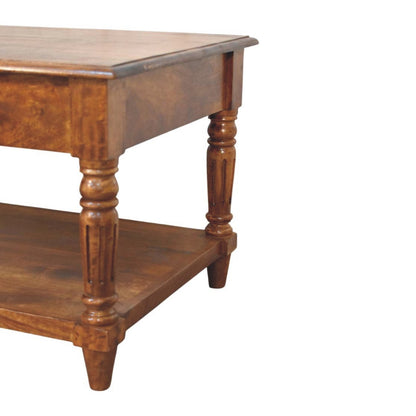 Table basse à pieds tournés et tiroirs en manguier massif – Châtaigne – vue 8