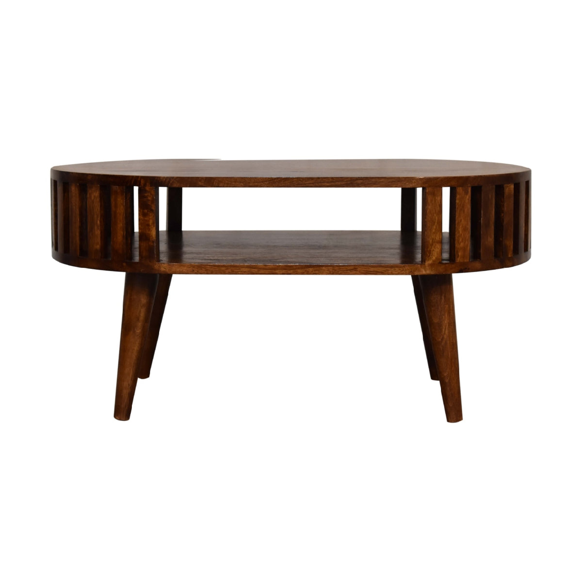 Table basse ajourée en manguier massif teinte châtaigne, design d'inspiration japonaise