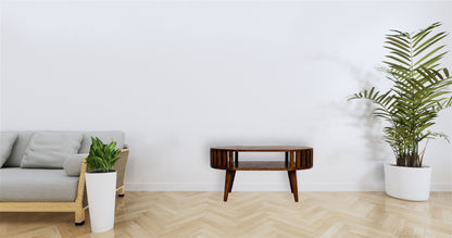 Table basse ajourée esprit japonais en manguier massif – Châtaigne – mise en situation