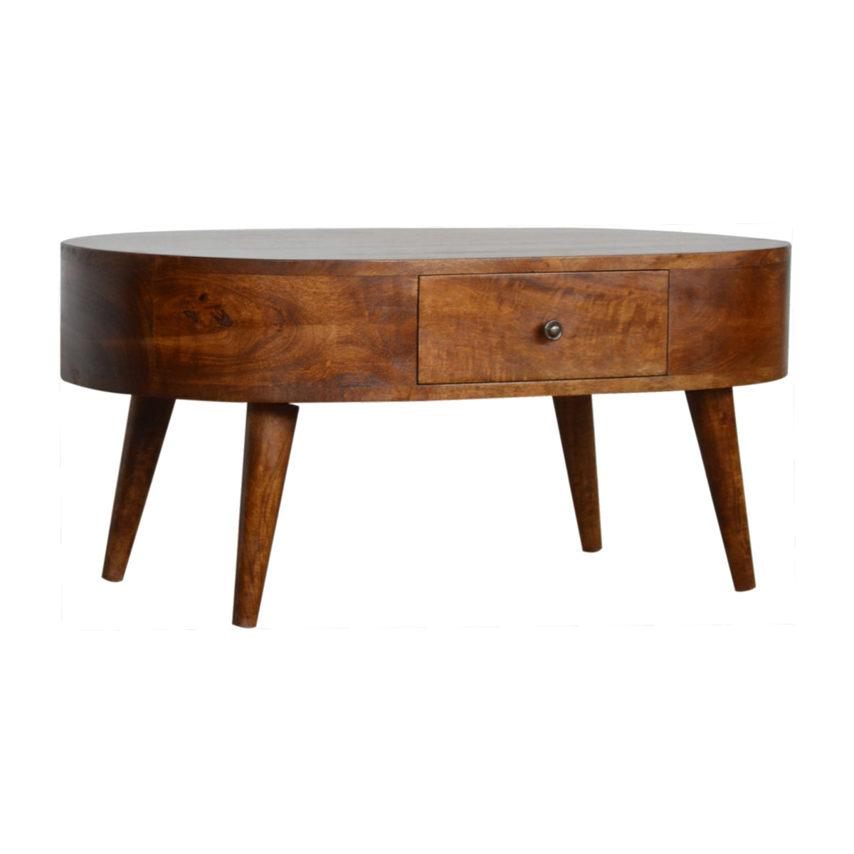 Table basse arrondie 2 tiroirs en manguier massif – Châtaigne – vue 2