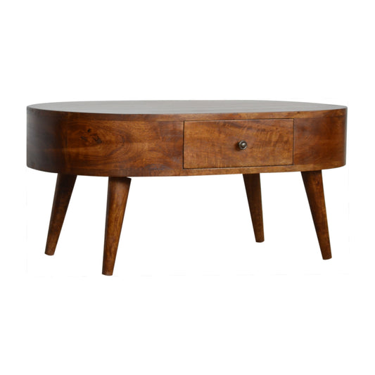 Table basse arrondie 2 tiroirs en manguier massif – Châtaigne – vue 2