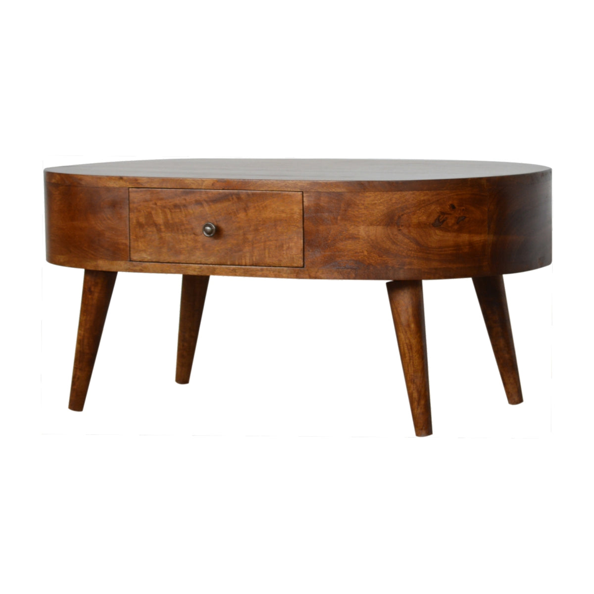 Table basse arrondie 2 tiroirs en manguier massif – Châtaigne – vue 3