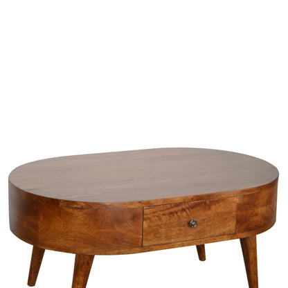 Table basse arrondie 2 tiroirs en manguier massif – Châtaigne – vue 4
