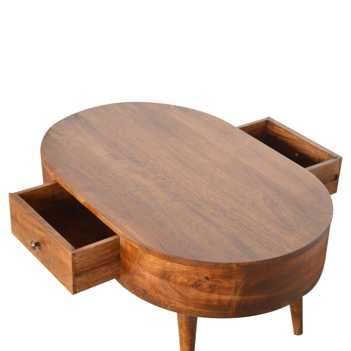 Table basse arrondie 2 tiroirs en manguier massif – Châtaigne – vue 5