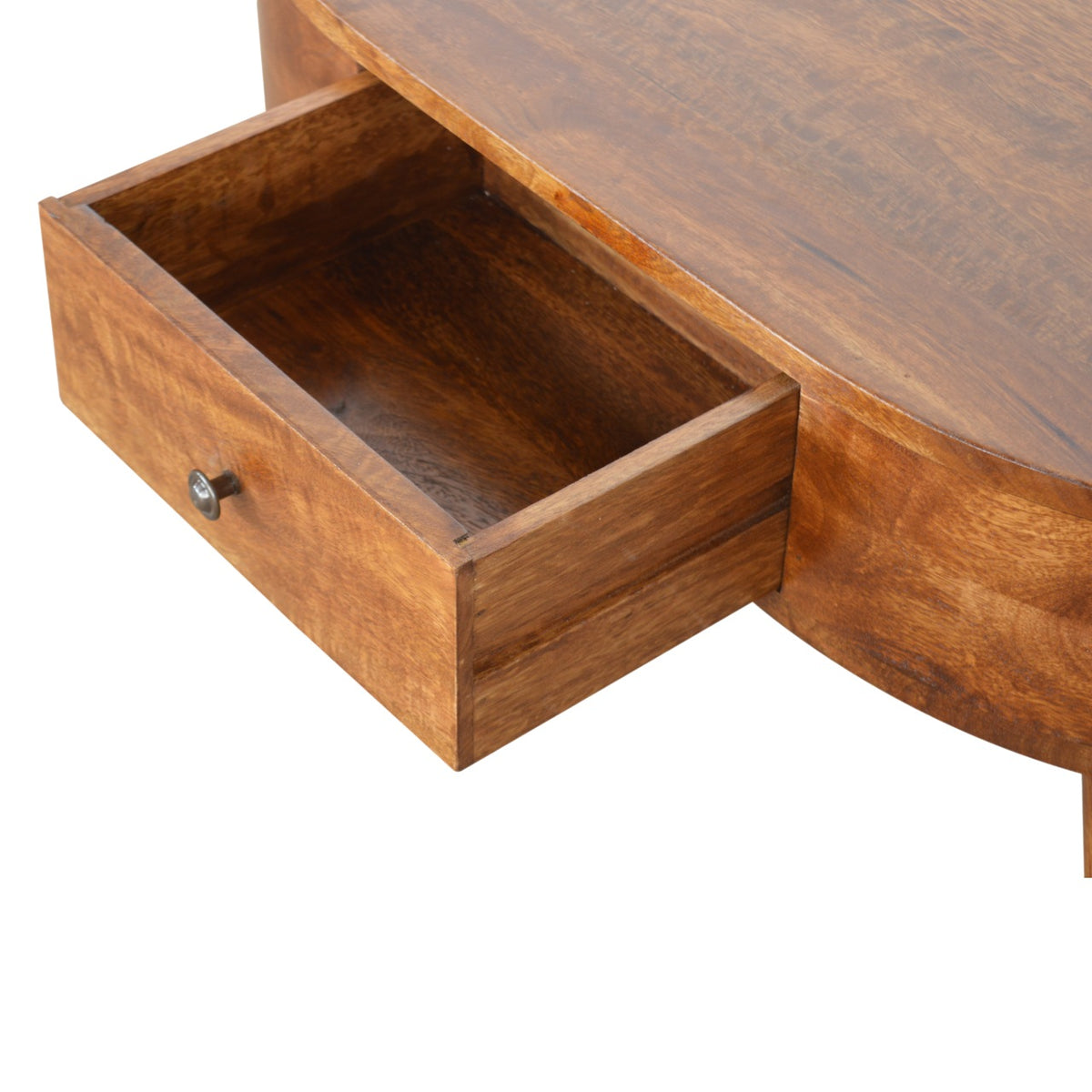 Table basse arrondie 2 tiroirs en manguier massif – Châtaigne – vue 6