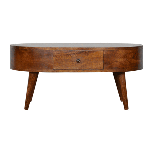 Table basse arrondie 2 tiroirs en manguier massif – Châtaigne – vue 9