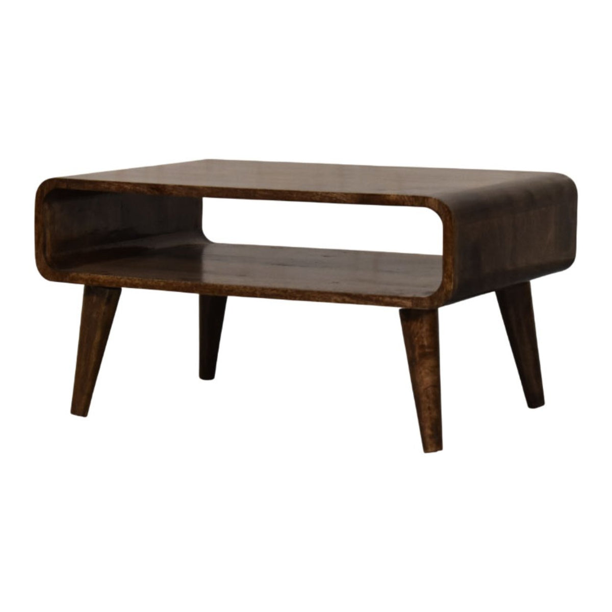 Table basse arrondie à étagère en manguier massif – Gris doux – vue 3
