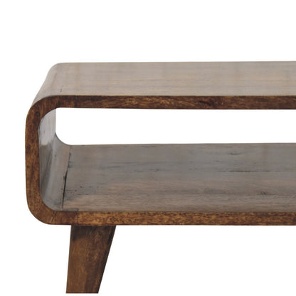 Table basse arrondie à étagère en manguier massif – Gris doux – vue 4