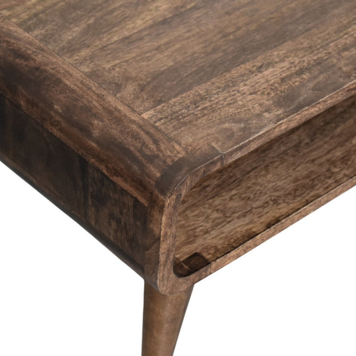 Table basse arrondie à étagère en manguier massif – Gris doux – vue 5