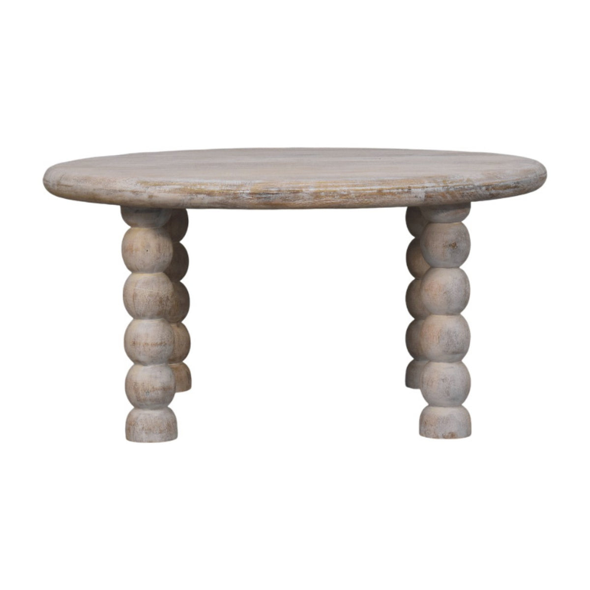 Table basse en manguier massif teinte naturelle, plateau aux contours arrondis et pieds bobine