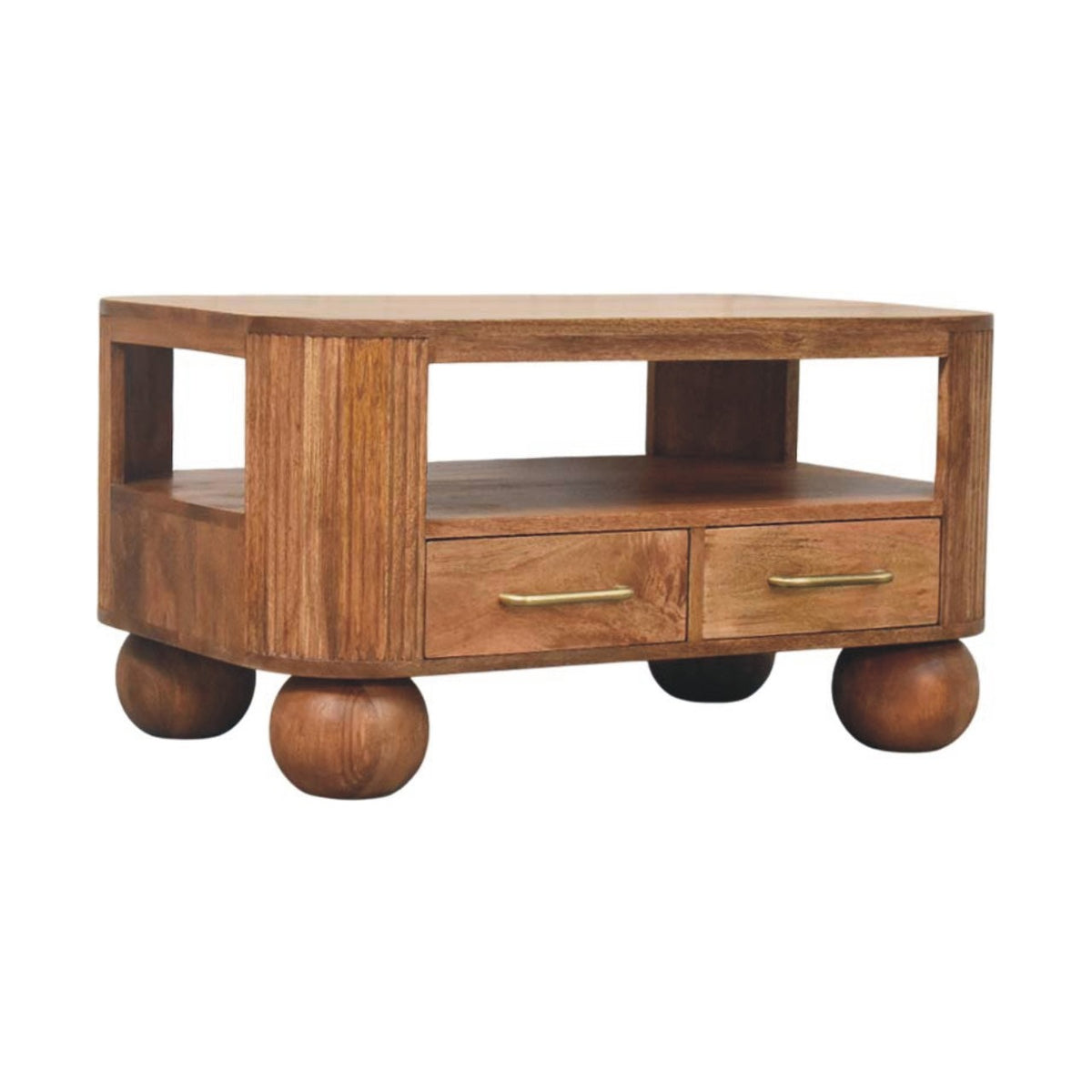 Table basse cannelée à pieds boule en manguier massif – Miel doré – vue 2