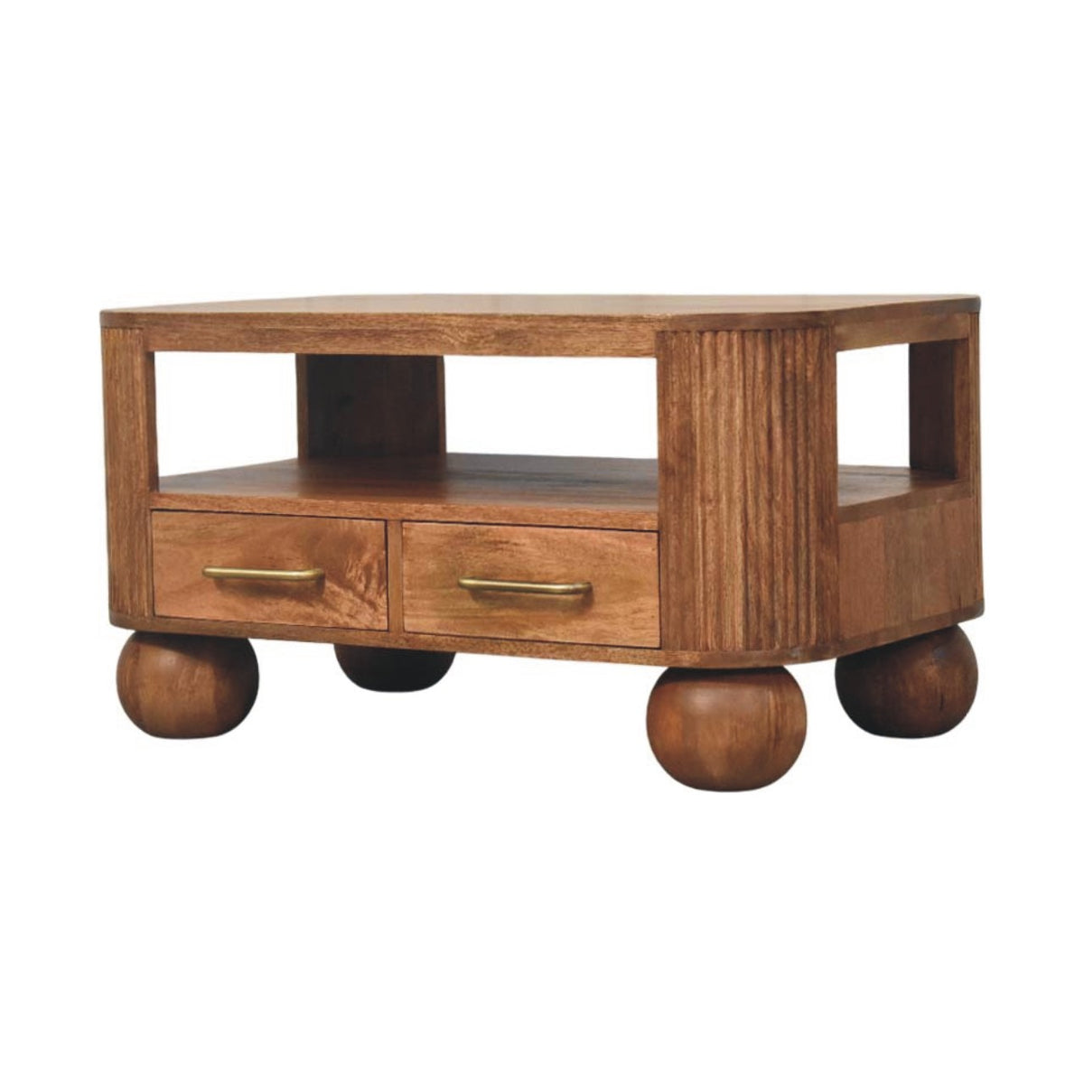 Table basse cannelée à pieds boule en manguier massif – Miel doré – vue 3