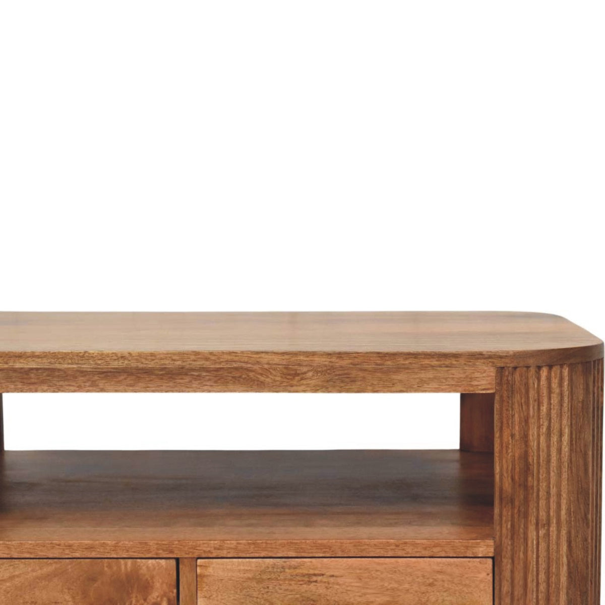 Table basse cannelée à pieds boule en manguier massif – Miel doré – vue 4