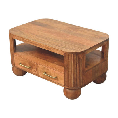 Table basse cannelée à pieds boule en manguier massif – Miel doré – vue 5