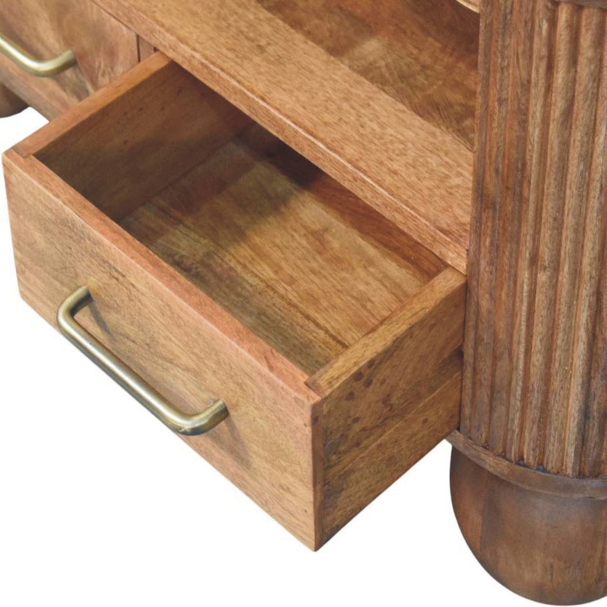 Table basse cannelée à pieds boule en manguier massif – Miel doré – vue 6