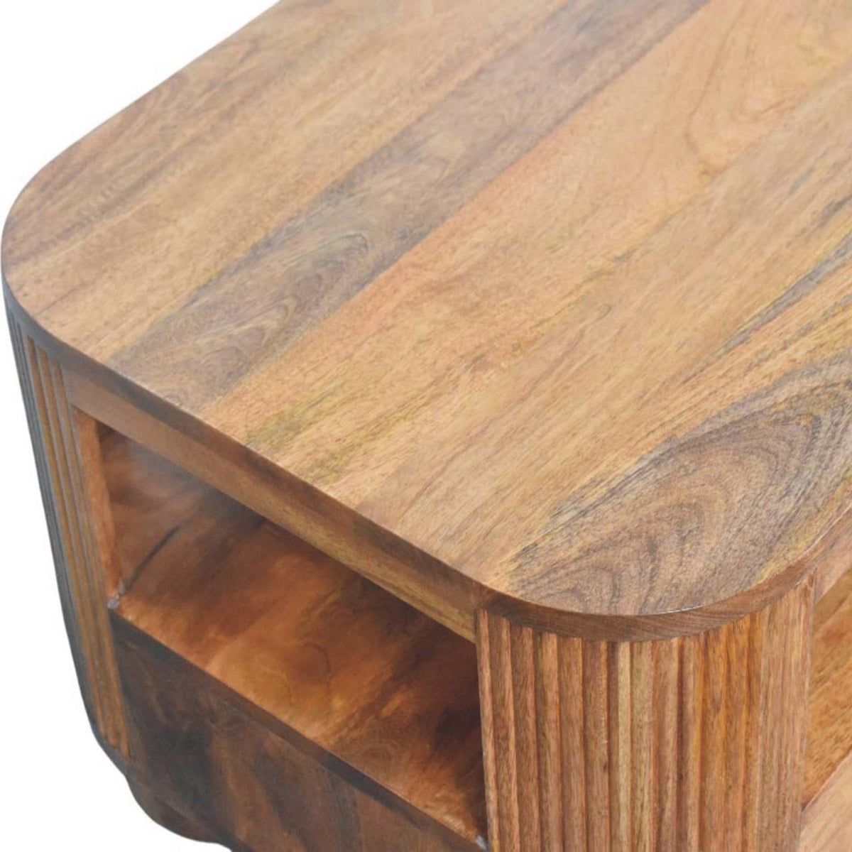 Table basse cannelée à pieds boule en manguier massif – Miel doré – vue 7
