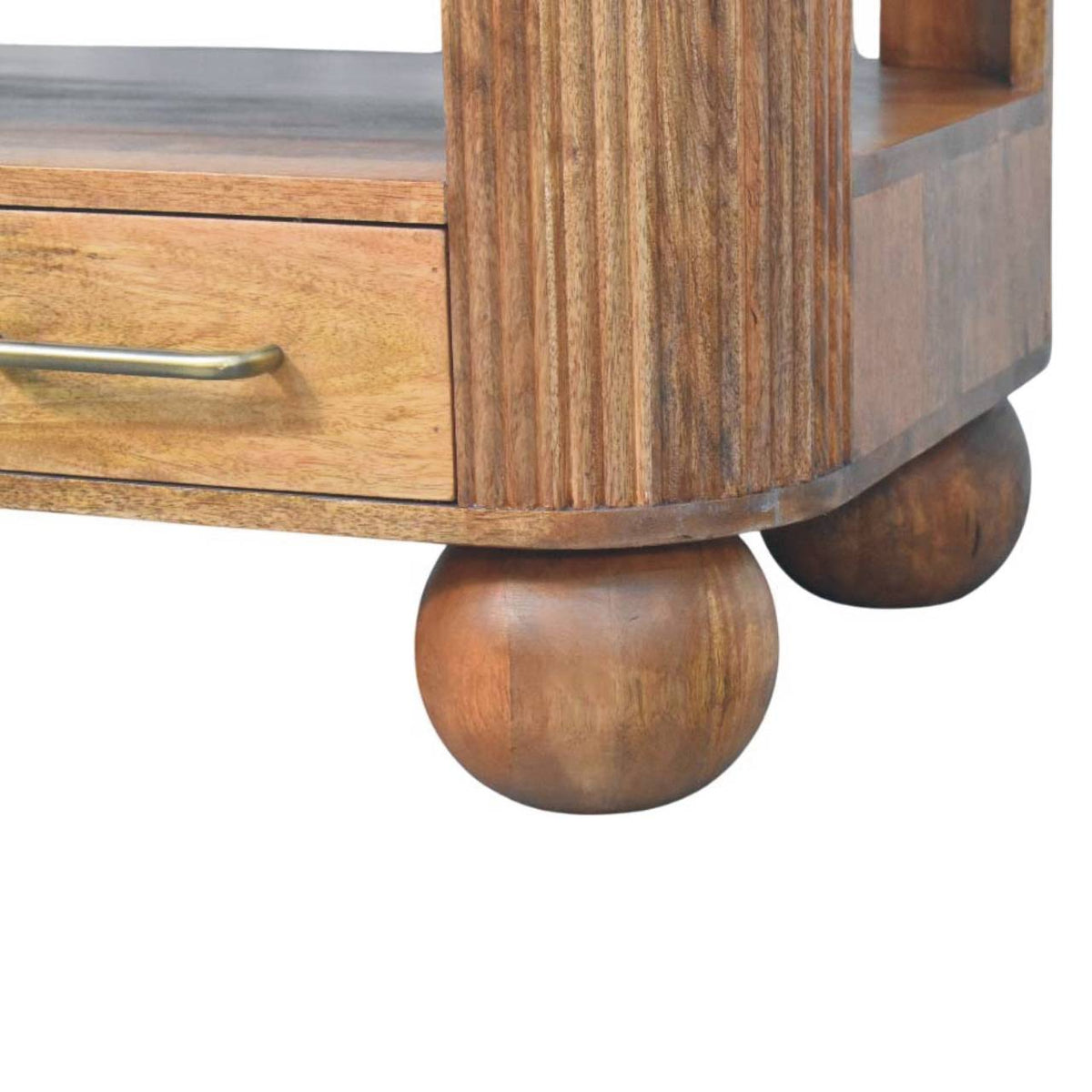 Table basse cannelée à pieds boule en manguier massif – Miel doré – vue 8