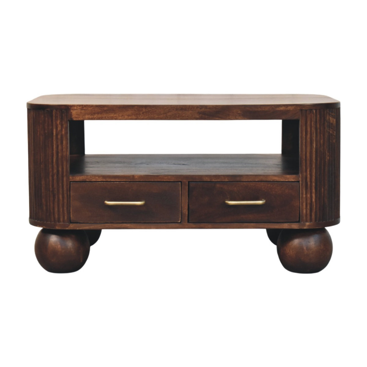 Table basse en manguier massif teinte noisette, flancs cannelés, pieds sphériques, deux tiroirs et une niche