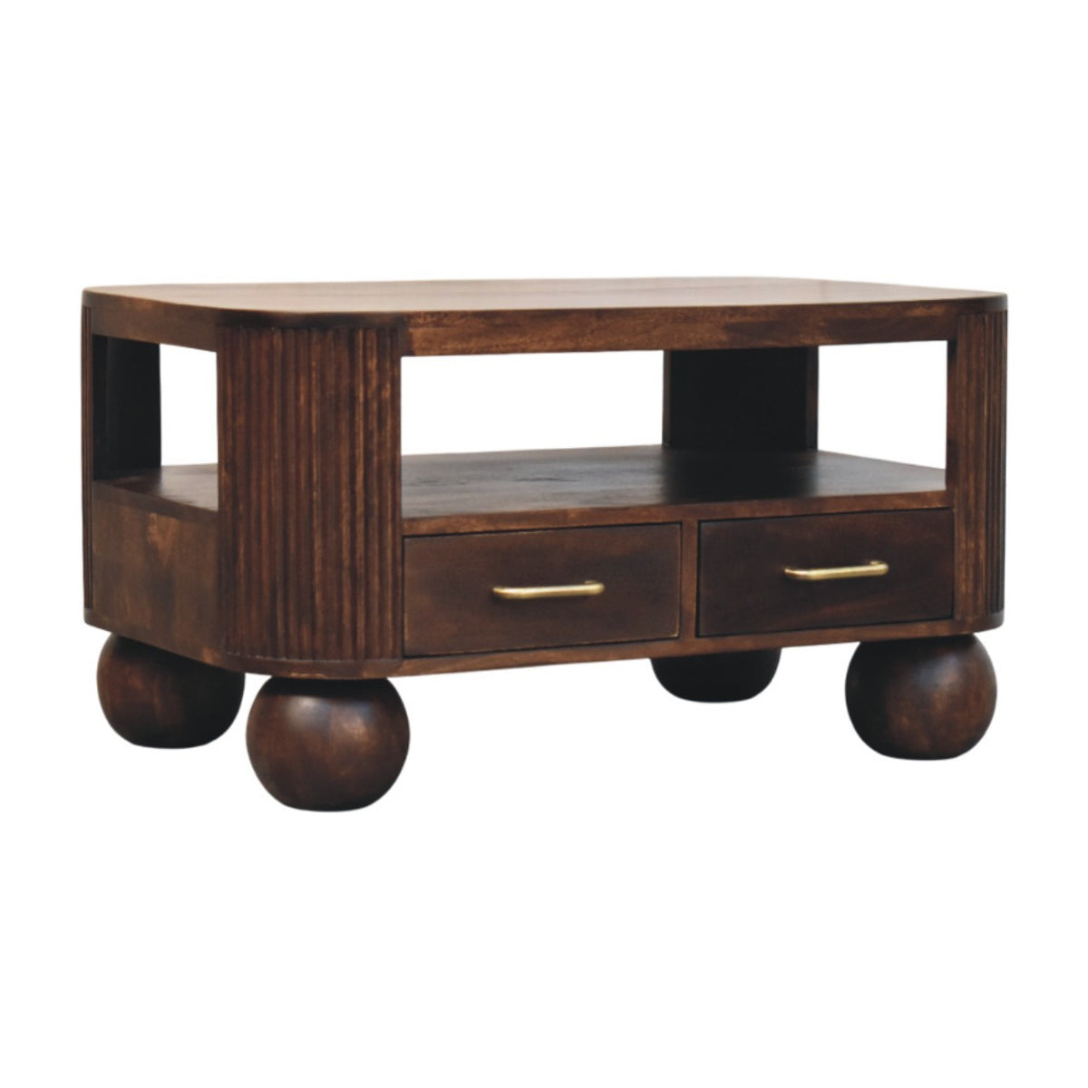 Table basse cannelée à pieds sphériques en manguier massif – Noisette – vue 2