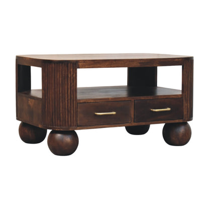 Table basse cannelée à pieds sphériques en manguier massif – Noisette – vue 2