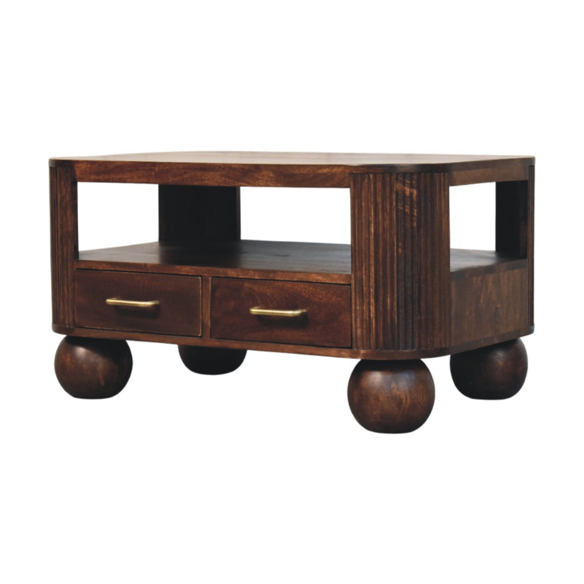 Table basse cannelée à pieds sphériques en manguier massif – Noisette – vue 3