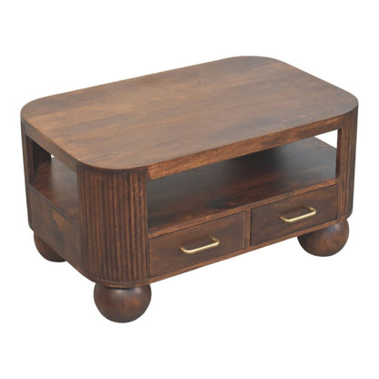 Table basse cannelée à pieds sphériques en manguier massif – Noisette – vue 5