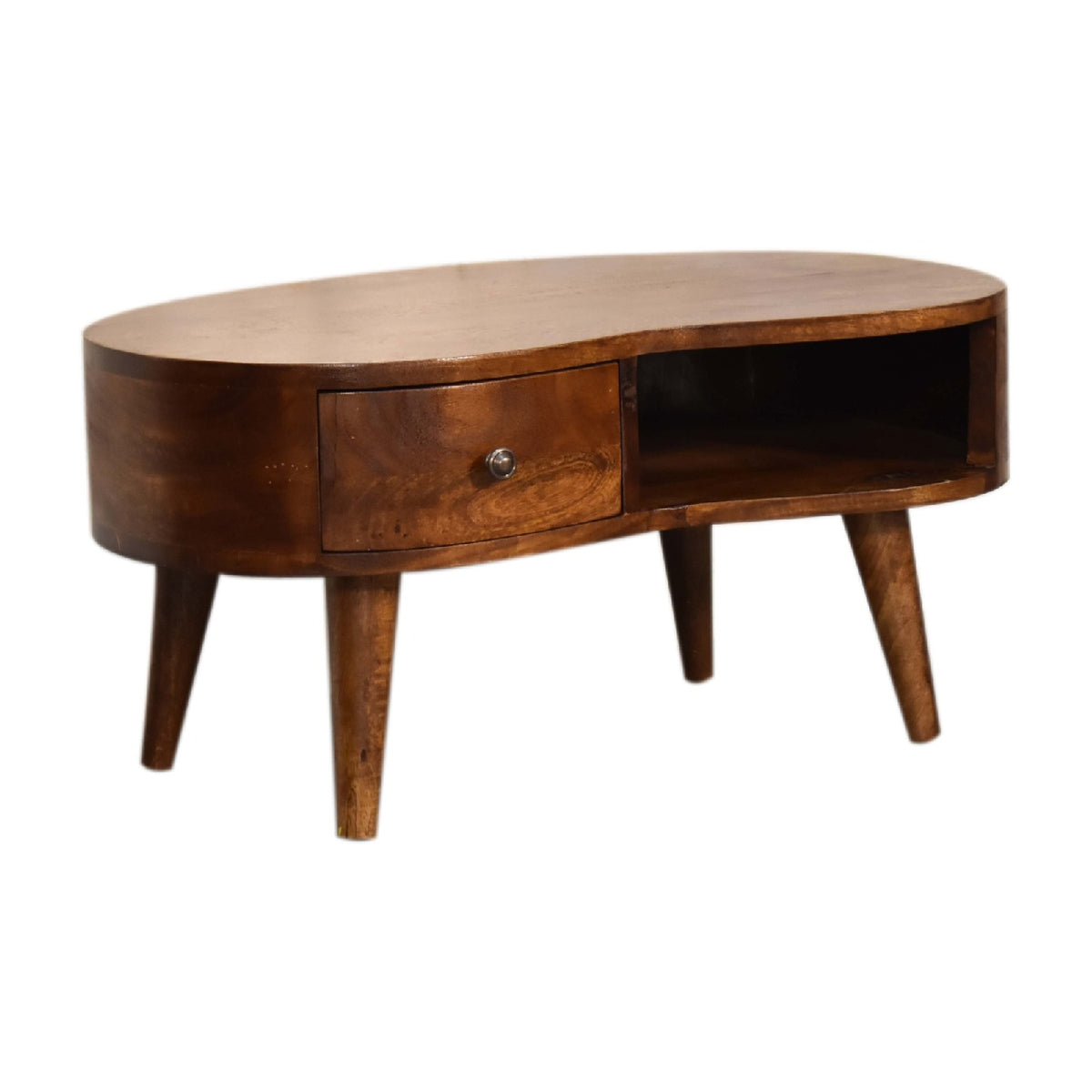 Table basse mini ondulée à tiroir en manguier massif – Châtaigne – vue 4