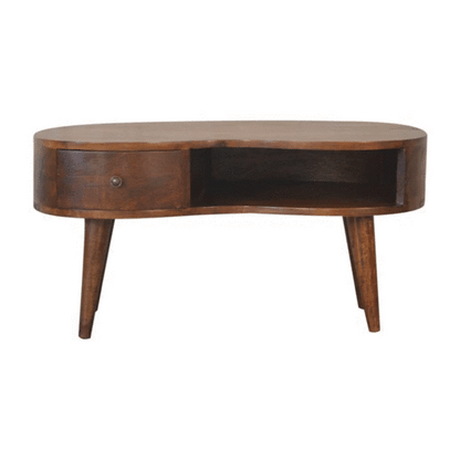 Table basse ondulée à tiroir et niche en manguier massif – Châtaigne – vue 10