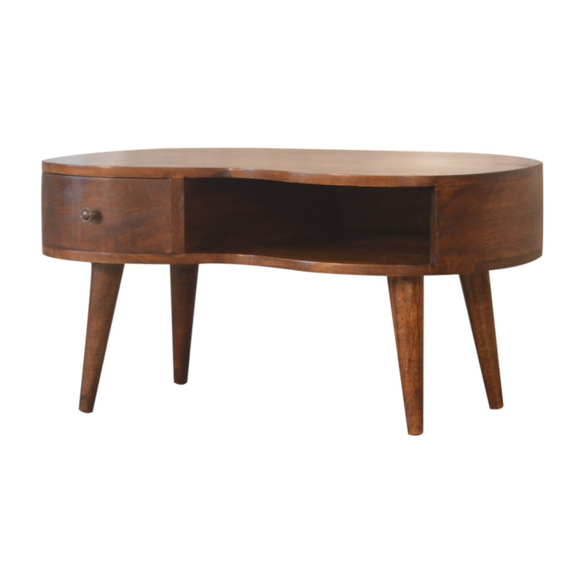 Table basse ondulée à tiroir et niche en manguier massif – Châtaigne – vue 3