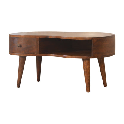 Table basse ondulée à tiroir et niche en manguier massif – Châtaigne – vue 3