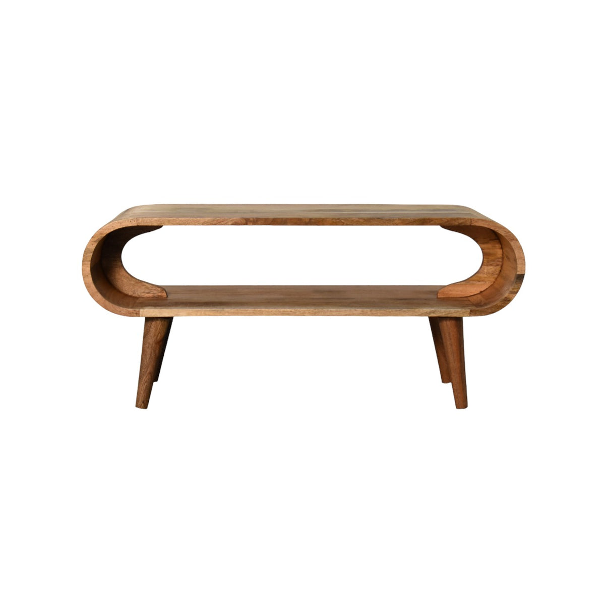 Table basse ouverte en manguier massif teinte naturelle, bords arrondis et pieds de style nordique