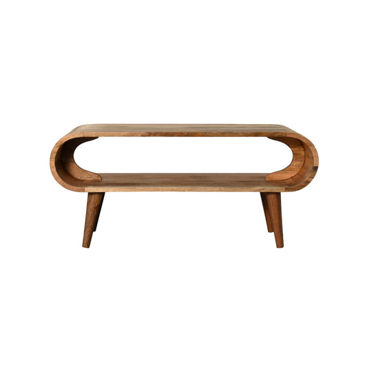 Table basse ouverte en manguier massif teinte naturelle, bords arrondis et pieds de style nordique