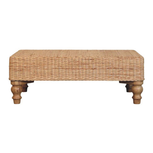 Table basse à plateau tressé, cadre en bois et pieds tournés