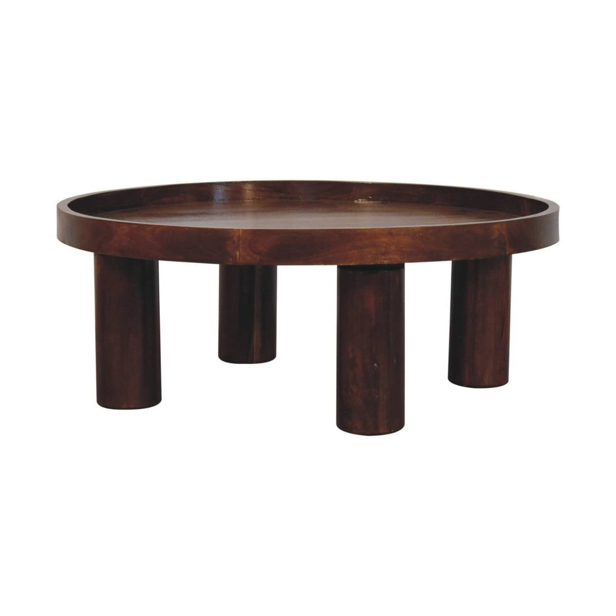 Table basse ronde pieds cylindriques en manguier massif – Châtaigne – vue 4
