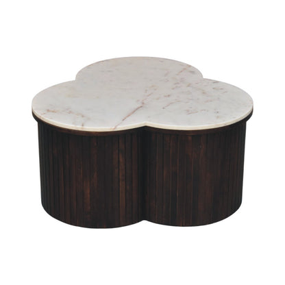 Table basse trèfle à plateau marbre en manguier massif – Moka – vue 3