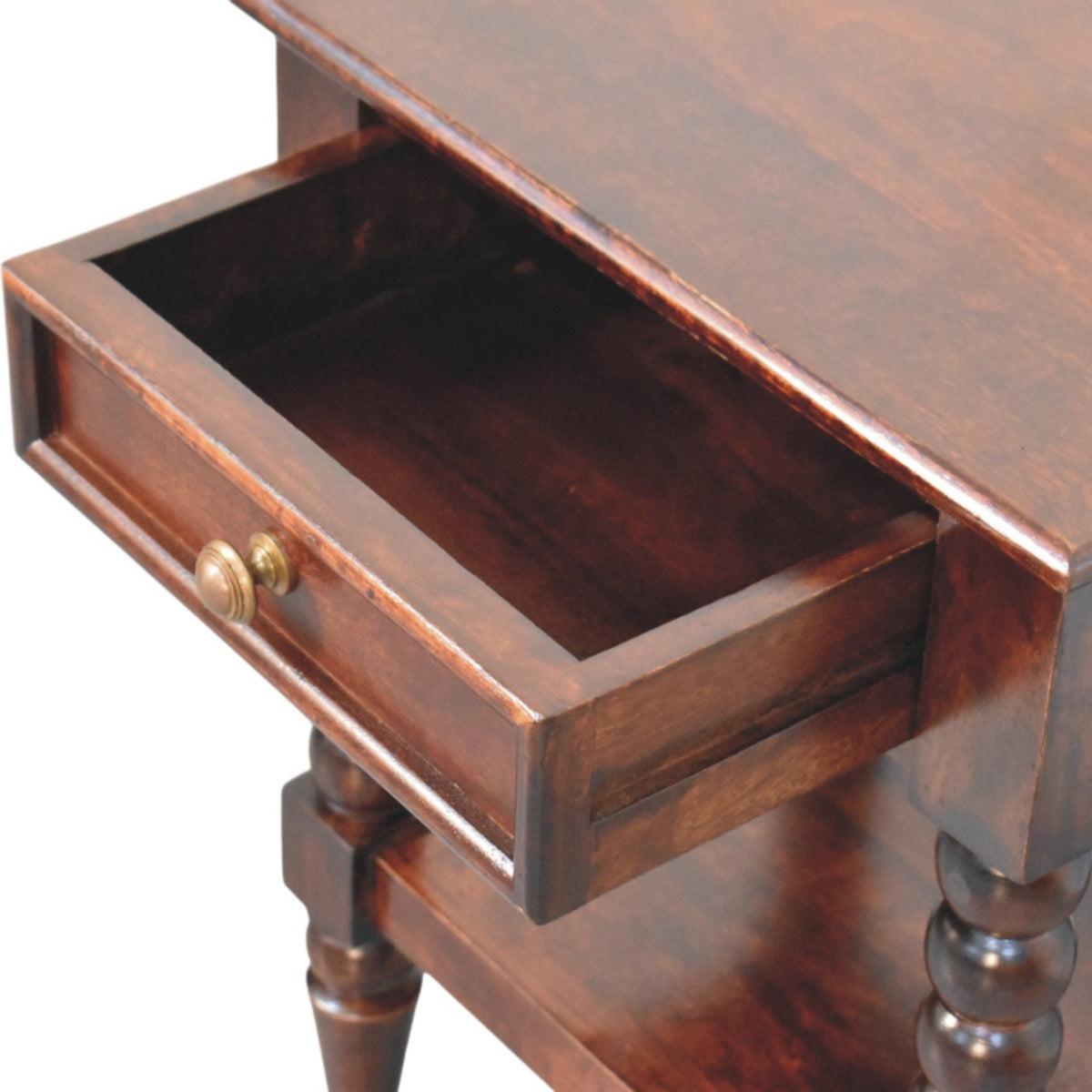Table de chevet à pieds bobine en manguier massif – Brun rouge – vue 6